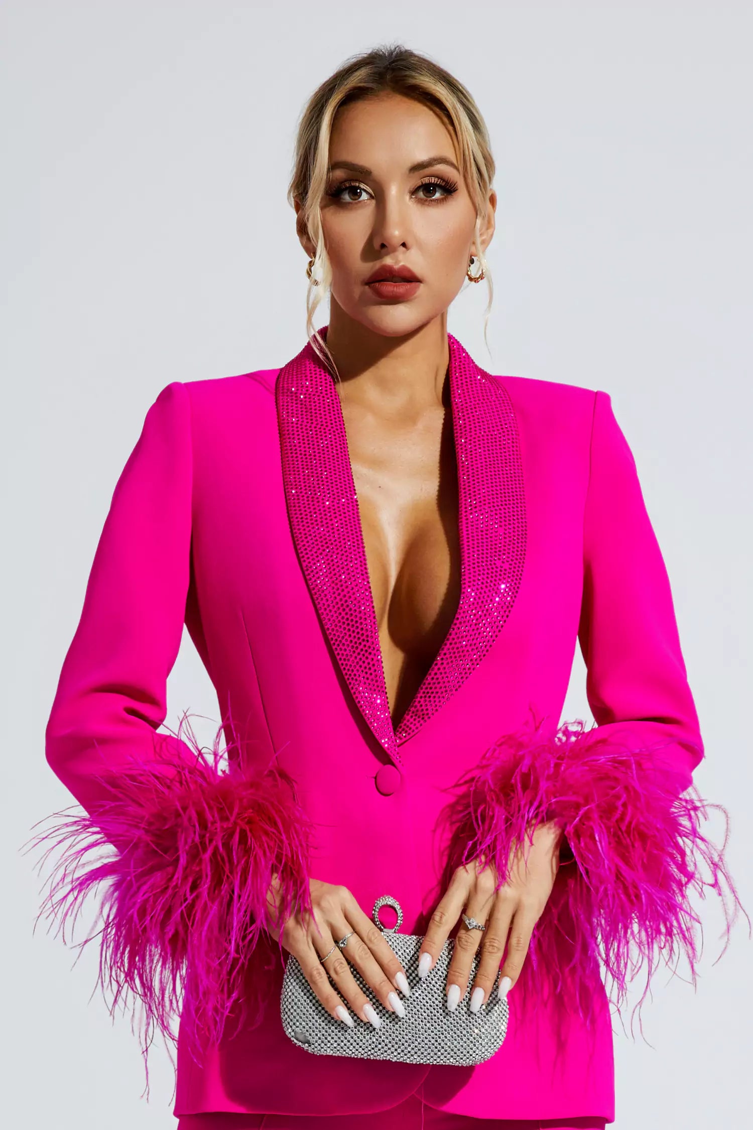 Angel Pink Feather Trim Diamond Blazer Set